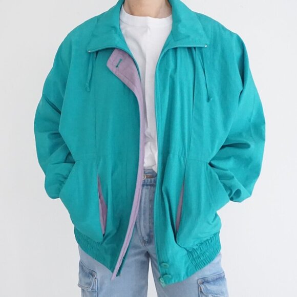 Vintage 80S Cyclone Neon Teal w Purple Trim Zip Up Lightweight Bomber Jacket M - Picture 1 of 10